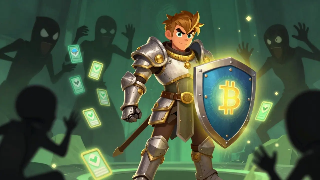 Knight protecting a digital wallet from scammer shadows.