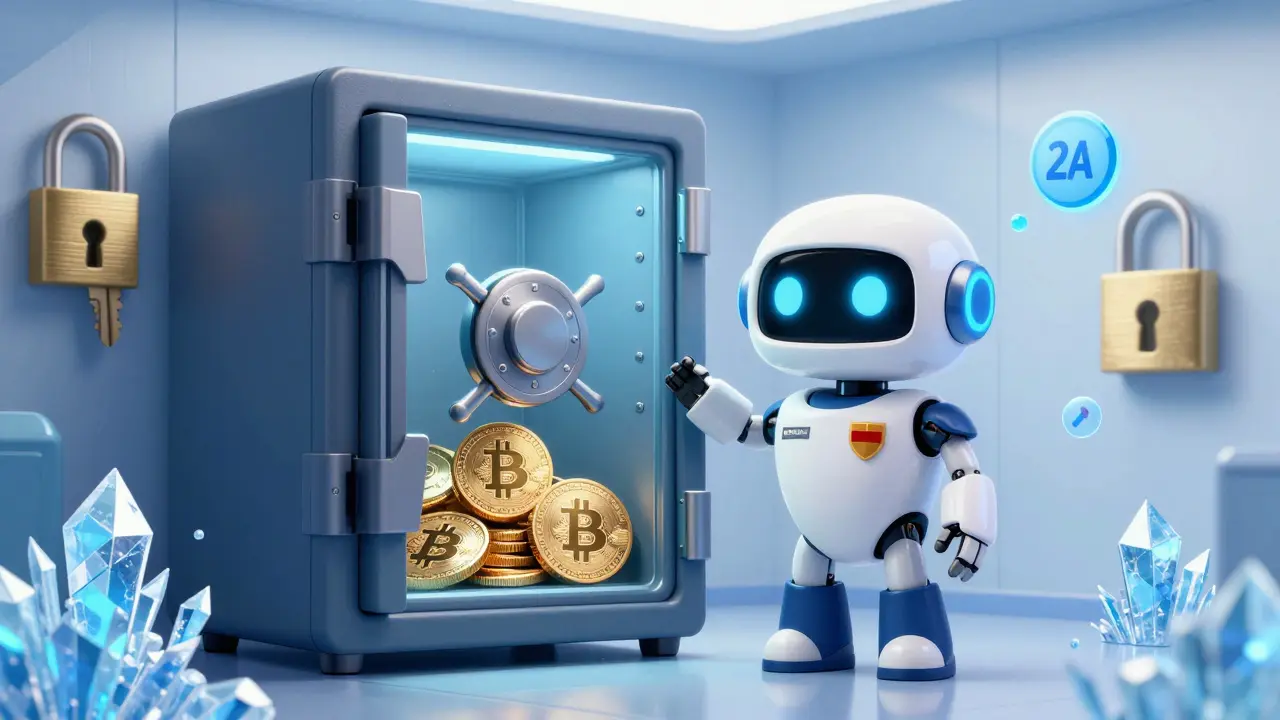Secure crypto vault with robot guard protecting digital assets from hackers
