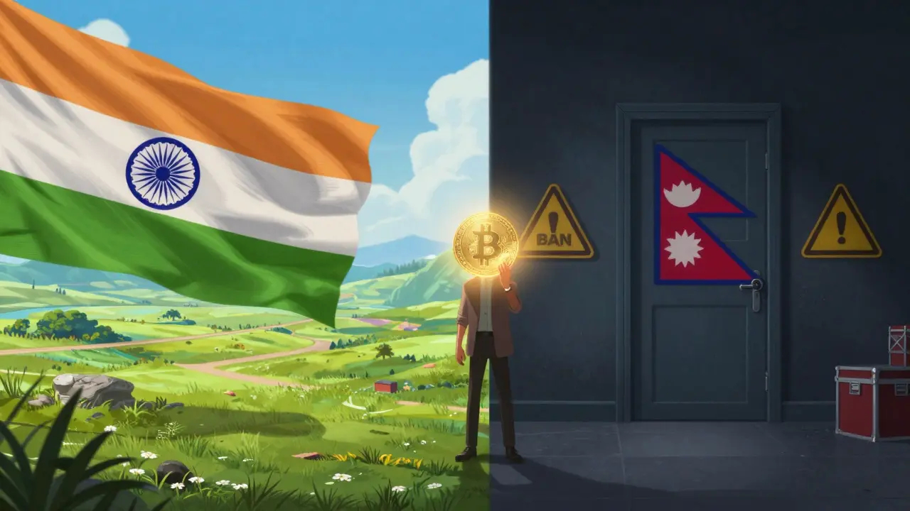 Split scene contrasting open borders with Nepal's strict crypto ban