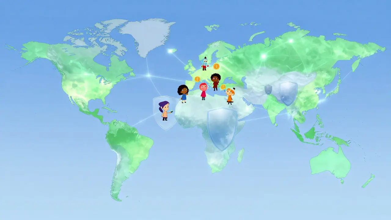 Stylized global map showing accessible crypto markets and restricted zones