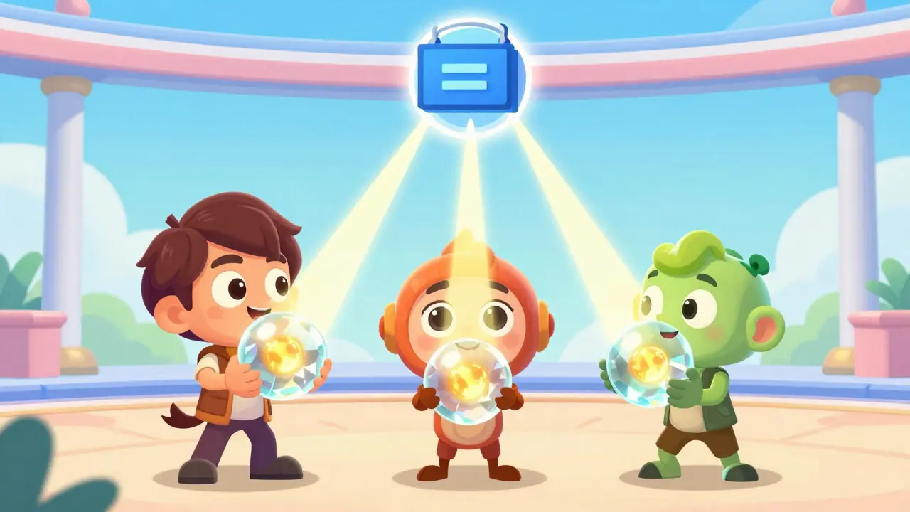 Three characters sharing glowing rewards from ad revenue in a digital plaza.