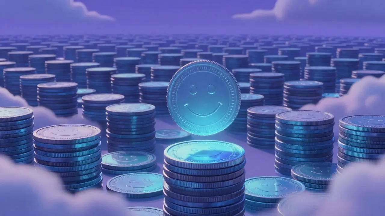 Tiny coin floating before an endless stack of tokens stretching into the sky.