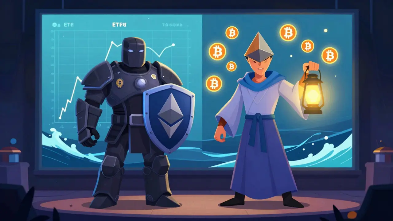 Two characters representing Bitcoin and Ethereum ETFs showing different traits and risks.