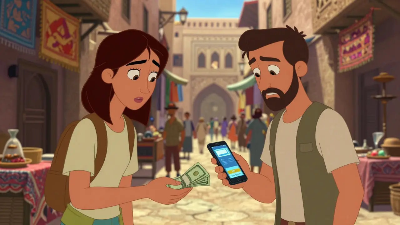 Two people conducting a secret peer-to-peer crypto trade in a market