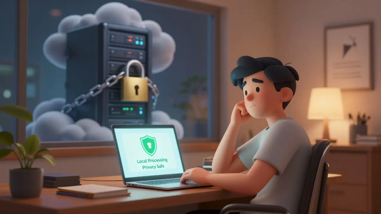User safely processing a legal document locally on a laptop with privacy shield.