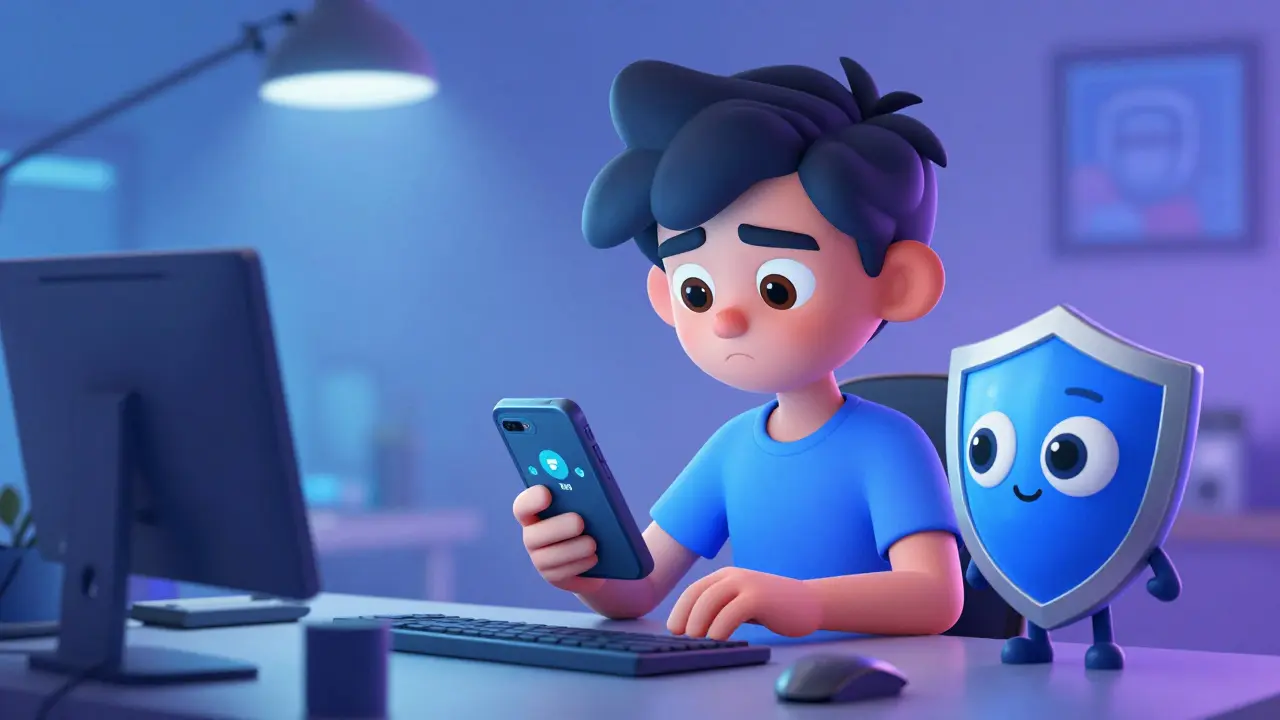 Young person doing social media tasks on phone with a protective shield character.