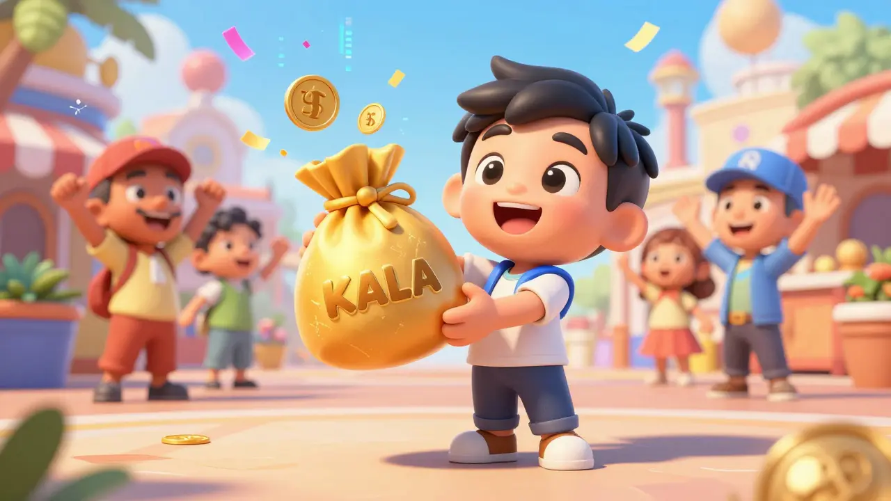 A happy character receiving golden KALA tokens in a celebratory plaza