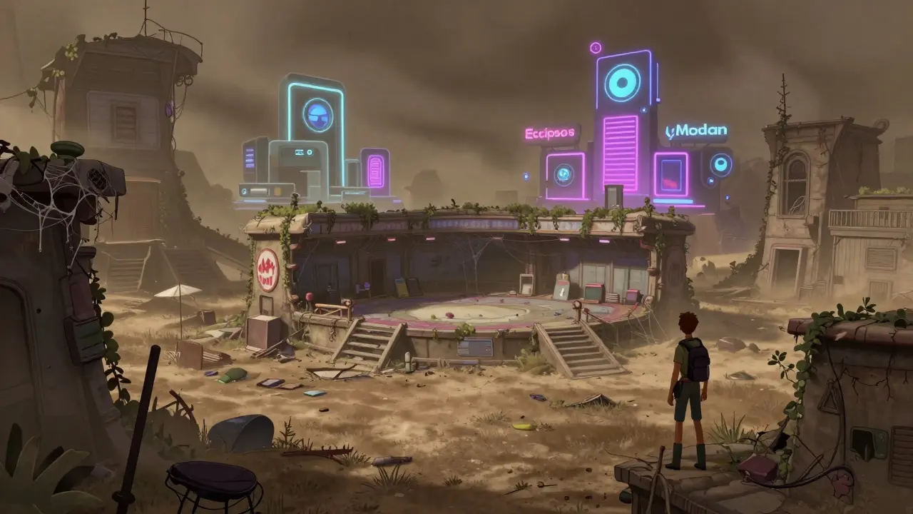 Abandoned digital exchange ruins symbolizing the dormant HappyFans project in 2026