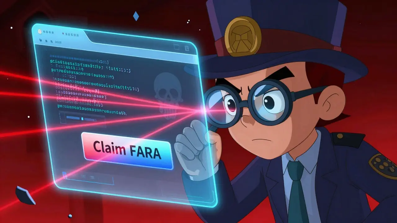 Animated detective scanning a holographic screen for phishing scams and fake airdrop links.
