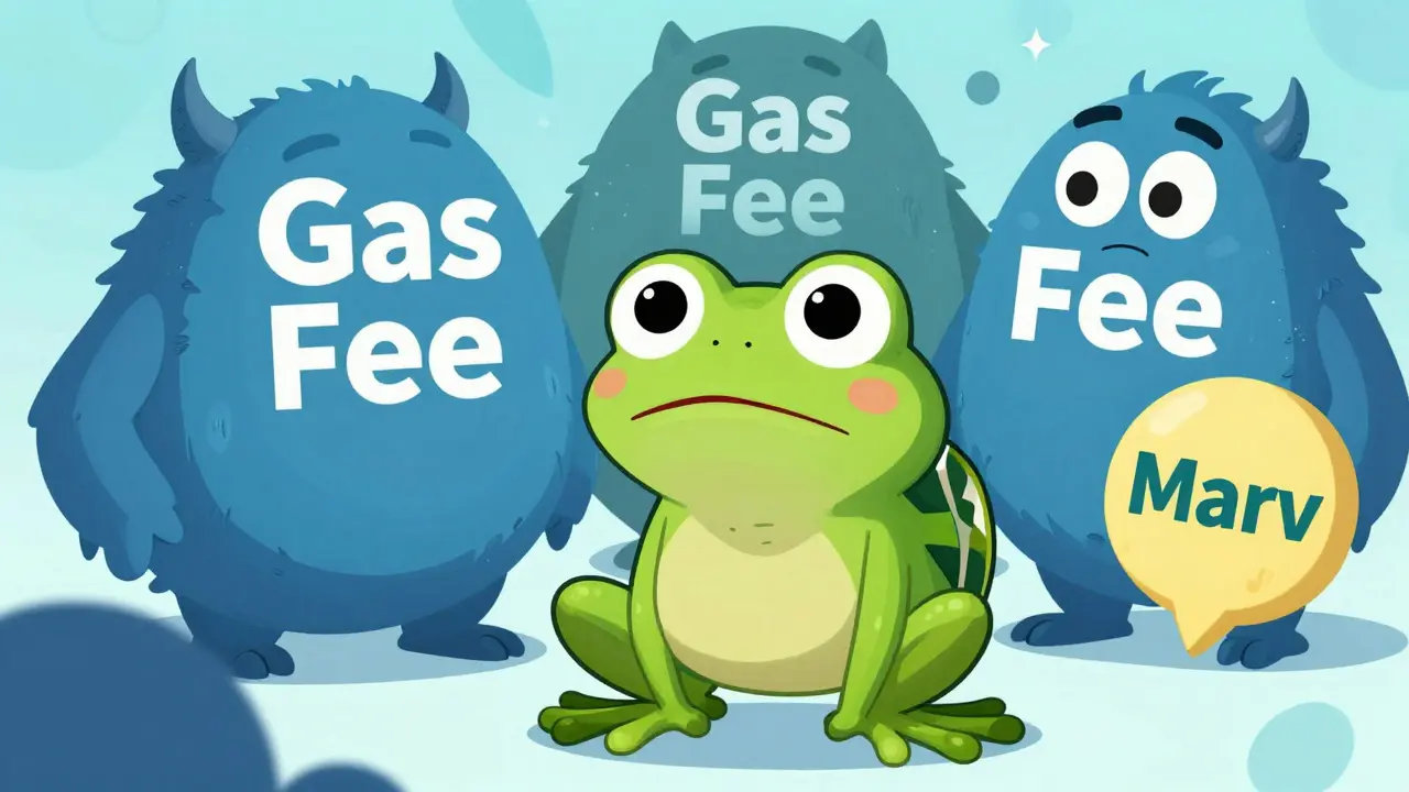 Animated scene depicting gas fee risks for Marv traders