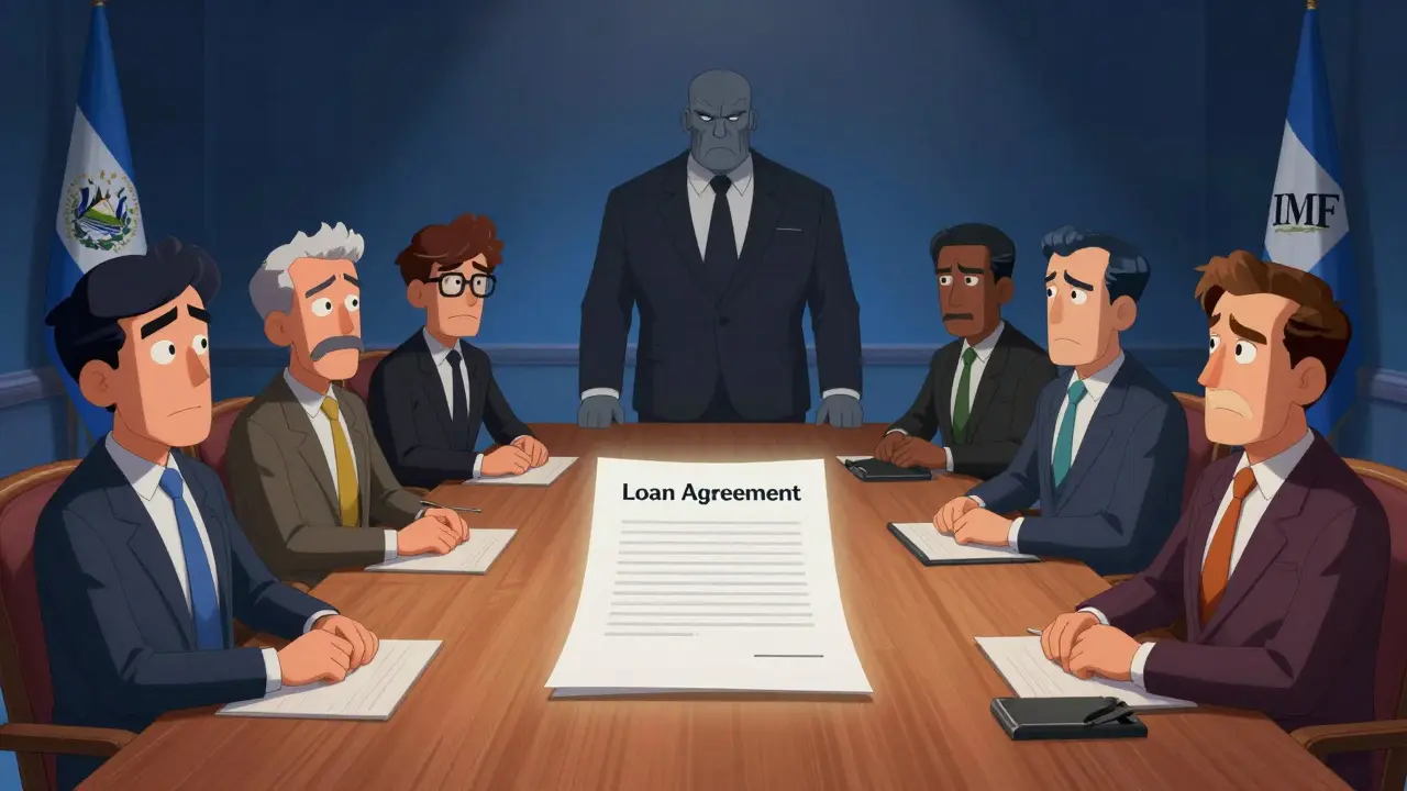 Animated scene of tense negotiations between government officials and IMF representatives