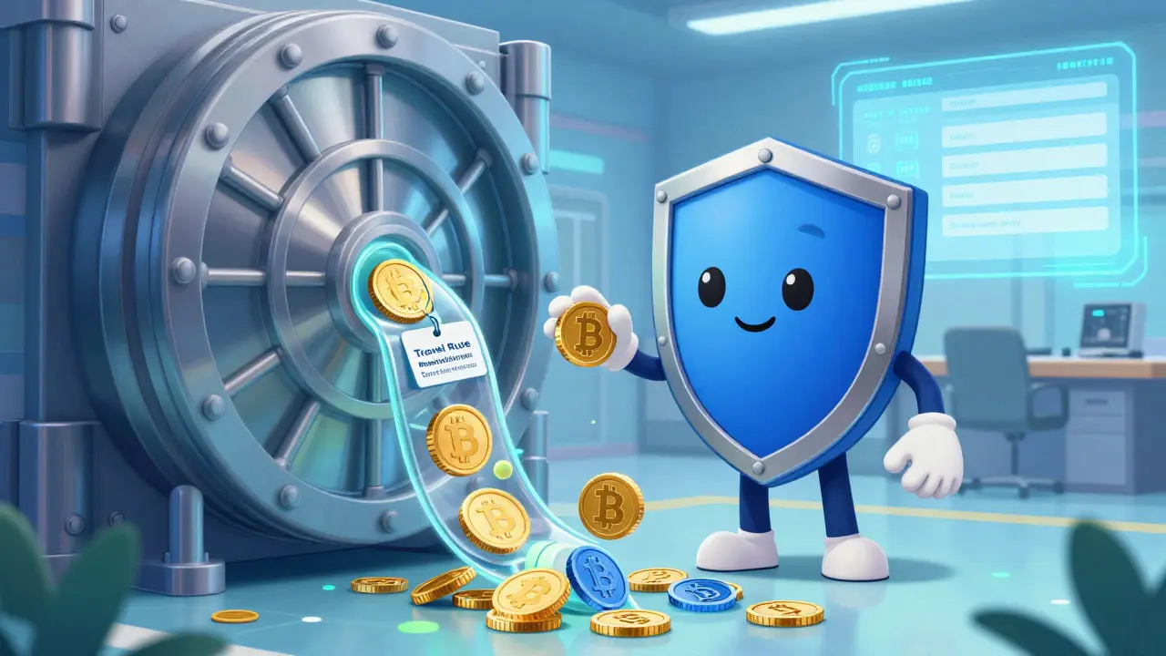 Animated shield character verifying tagged crypto coins in a secure vault