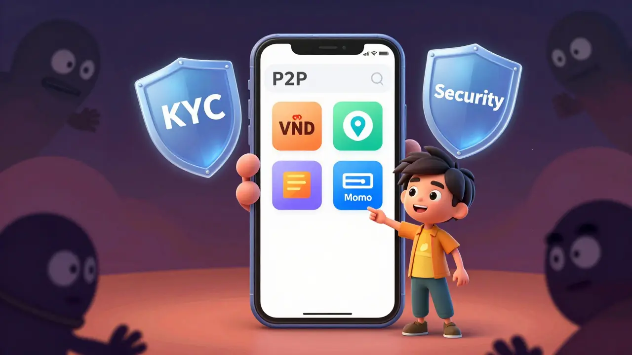 Animated smartphone guiding a user through secure P2P crypto trading while blocking scams.