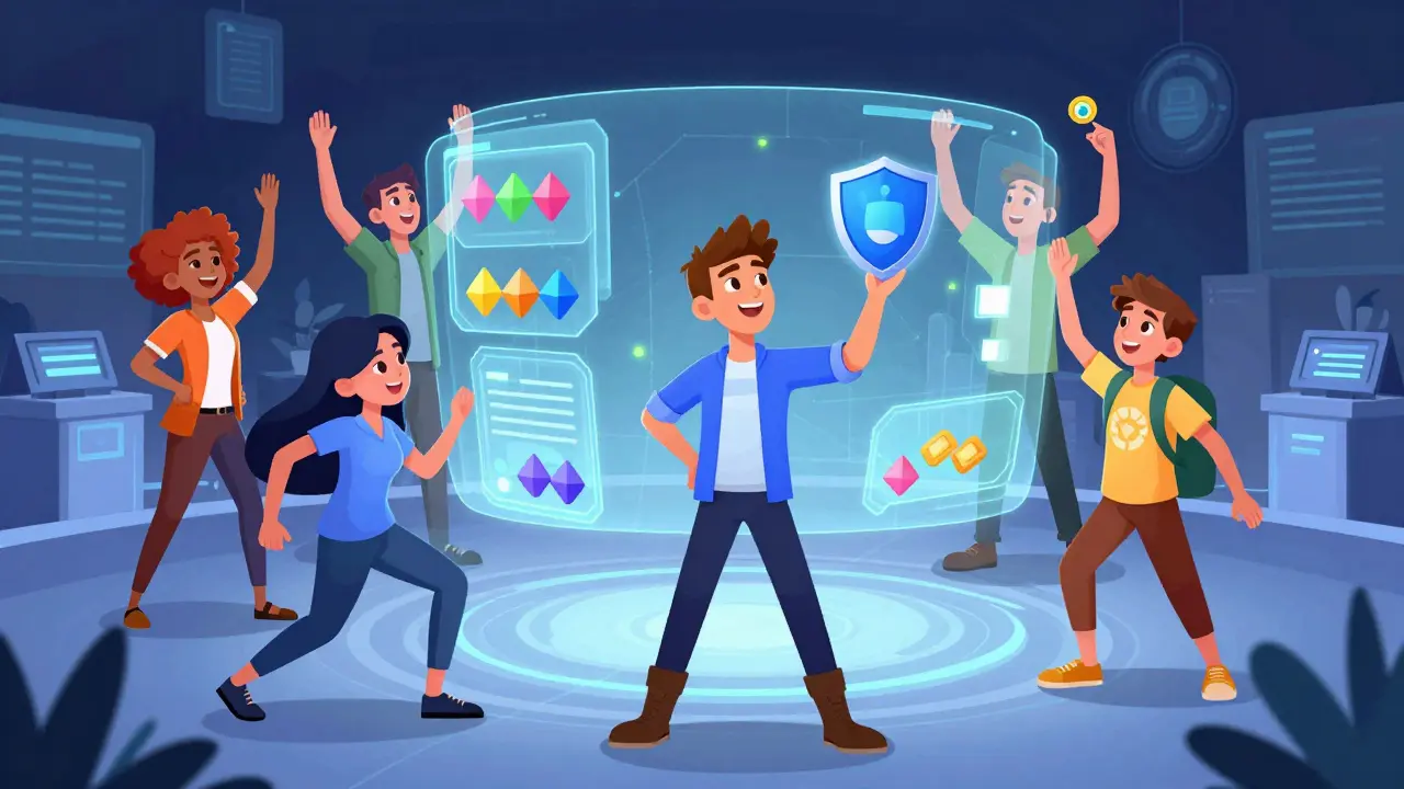 Animated testers collaborating in a vibrant virtual network space