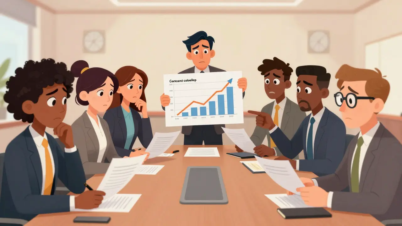 Business team reviewing compliance costs and deadlines in a boardroom