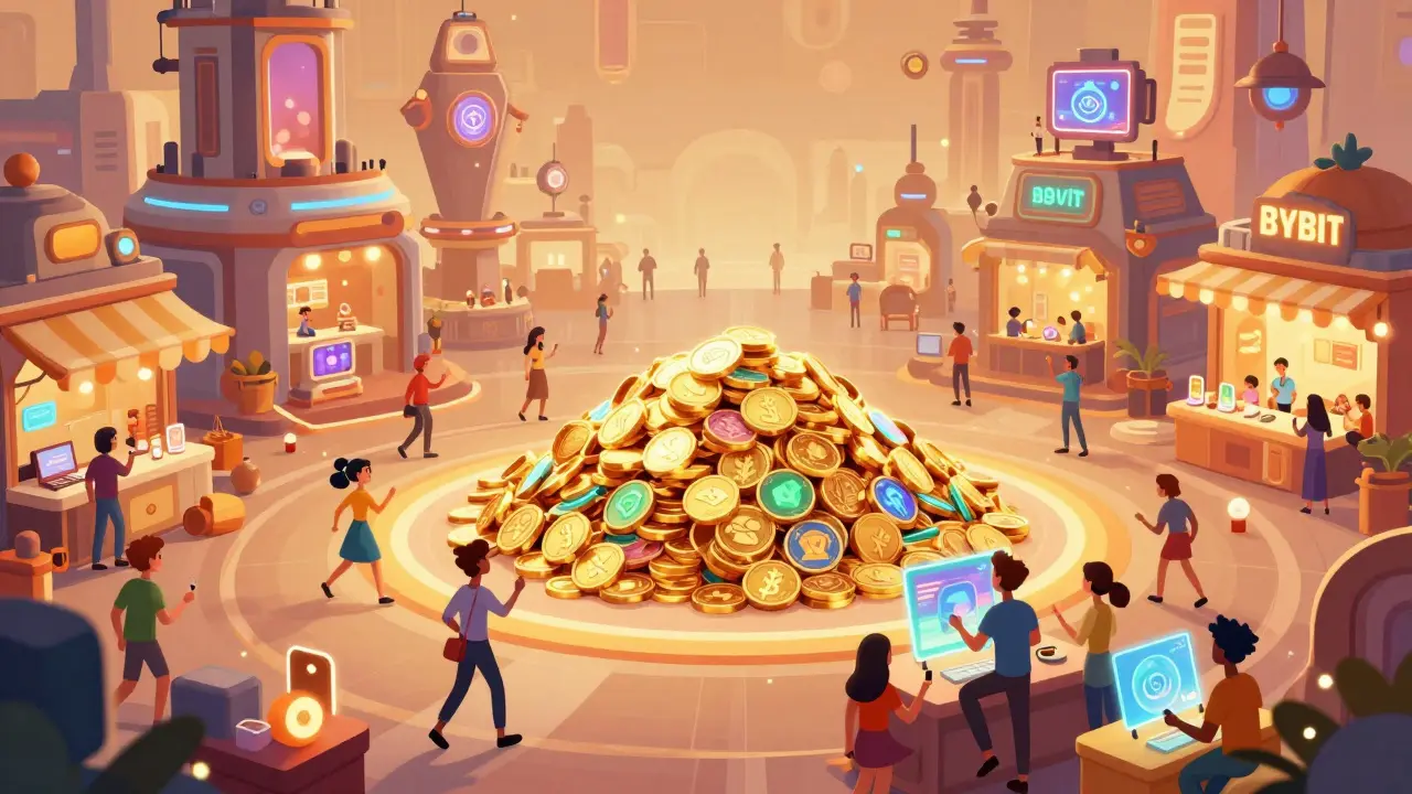 Bustling futuristic marketplace with characters trading holographic assets