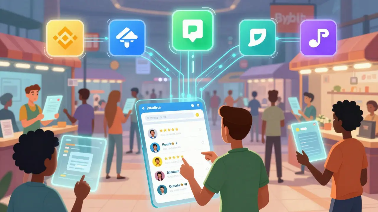 Busy digital marketplace with users trading crypto via secure platforms