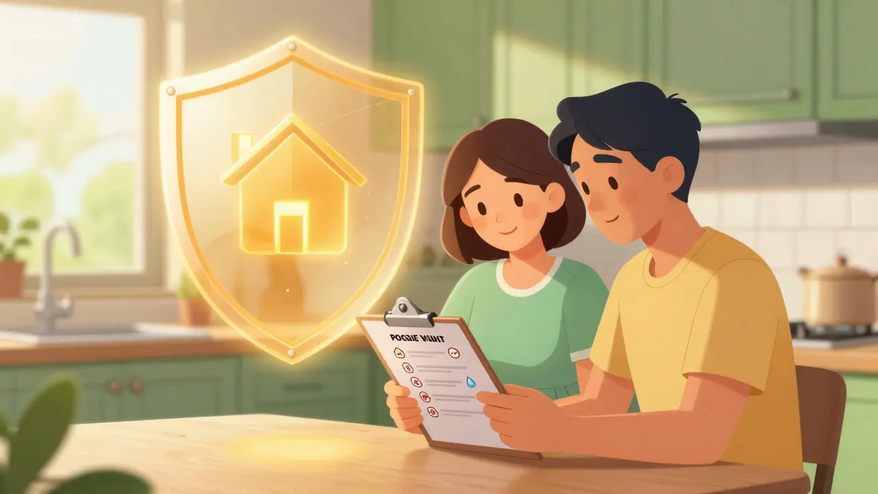 Calm couple reviewing checklist with a protective golden shield overhead