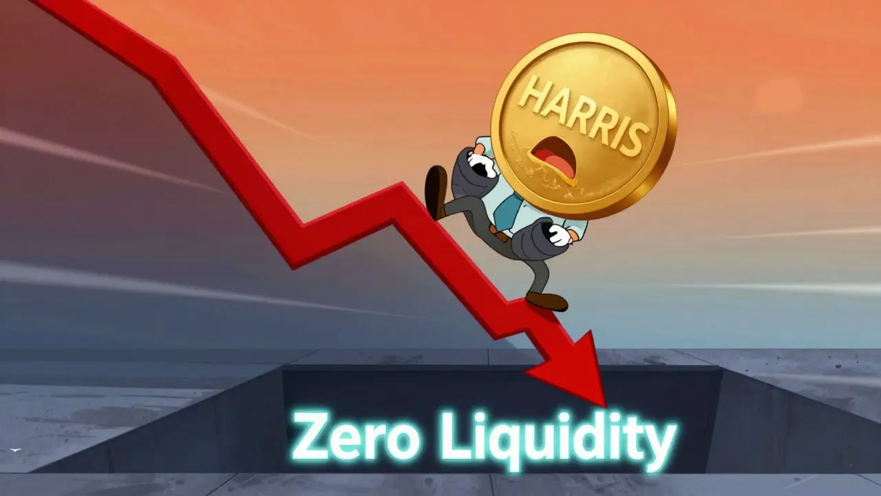 Cartoon character sliding down a crashing stock chart into a void