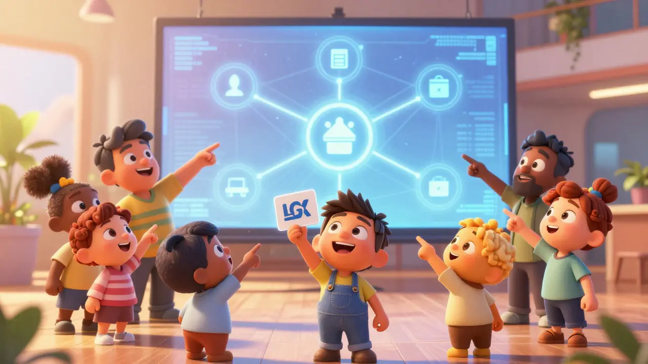 Cartoon characters celebrating referral network growth with LGX tokens