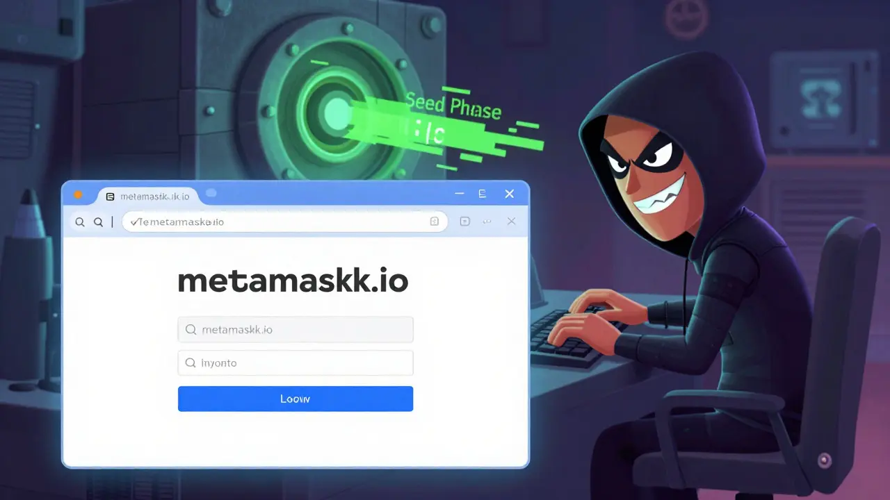 Cartoon hacker stealing seed phrase via fake website login page