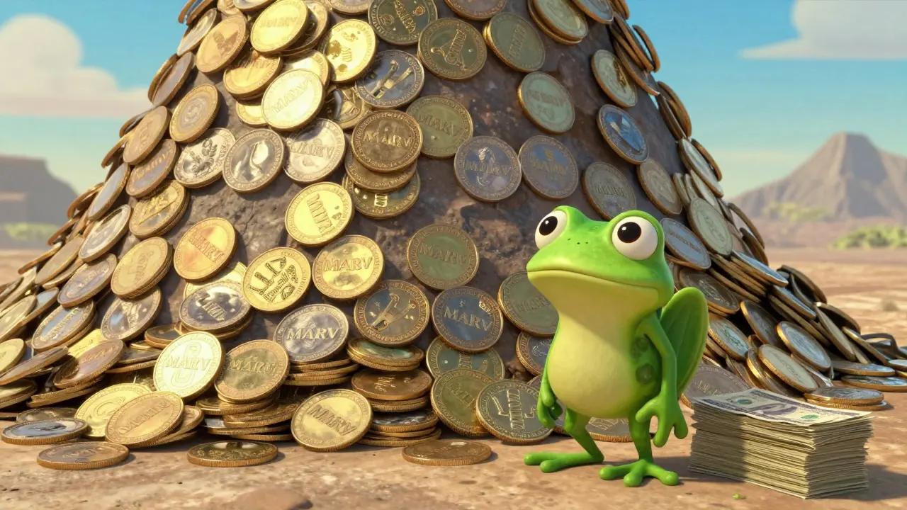Cartoon illustrating Marv's trillion-token supply vs dollar value