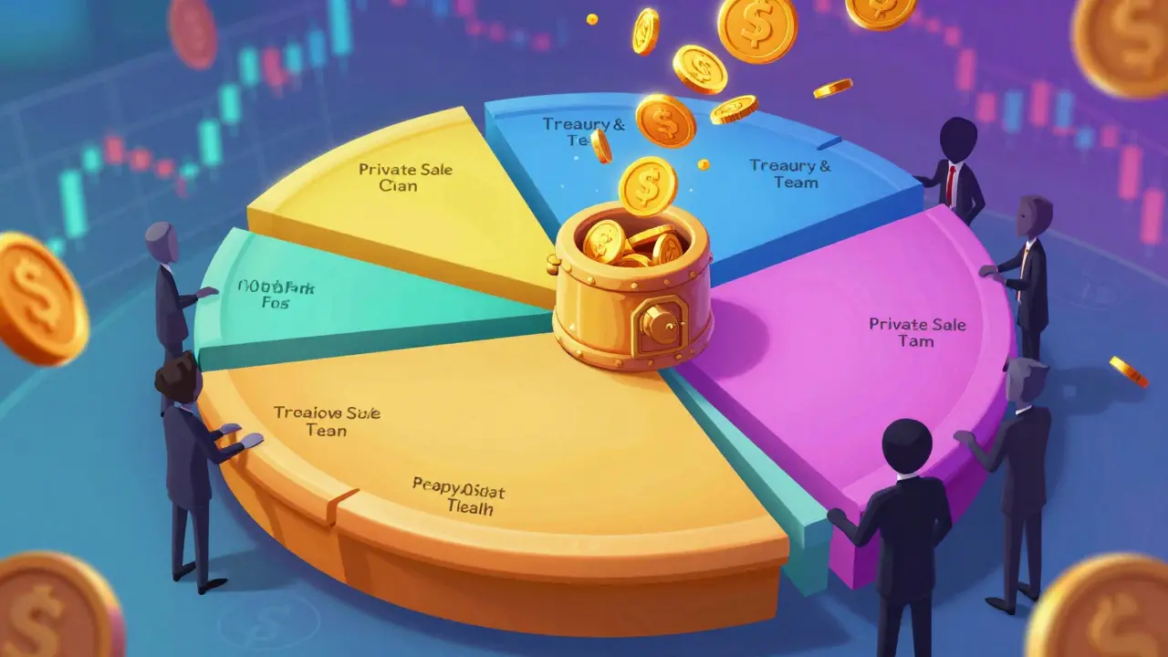 Cartoon pie chart showing HappyFans token allocation with private investors holding most shares
