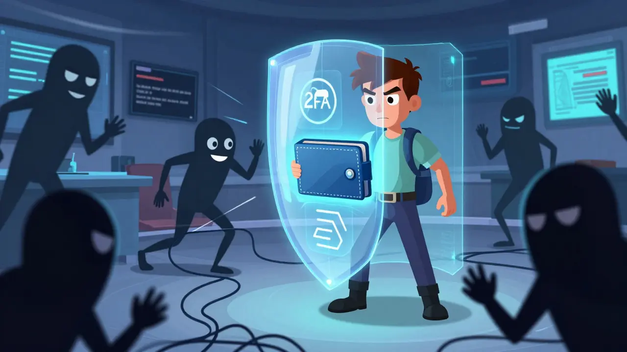 Character protecting digital wallet with a shield against scam villains