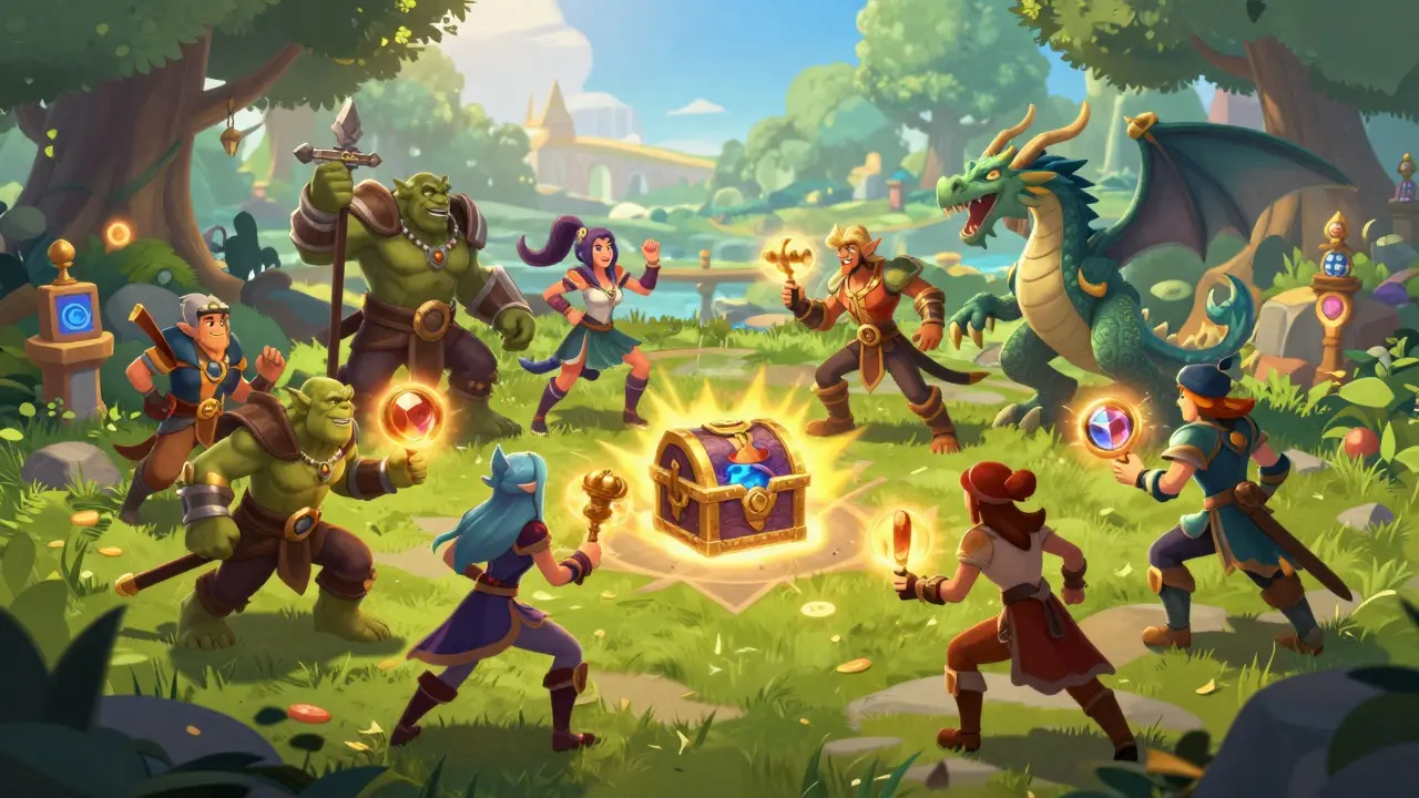 Colorful fantasy warriors battling in a magical arena to earn legitimate game rewards.