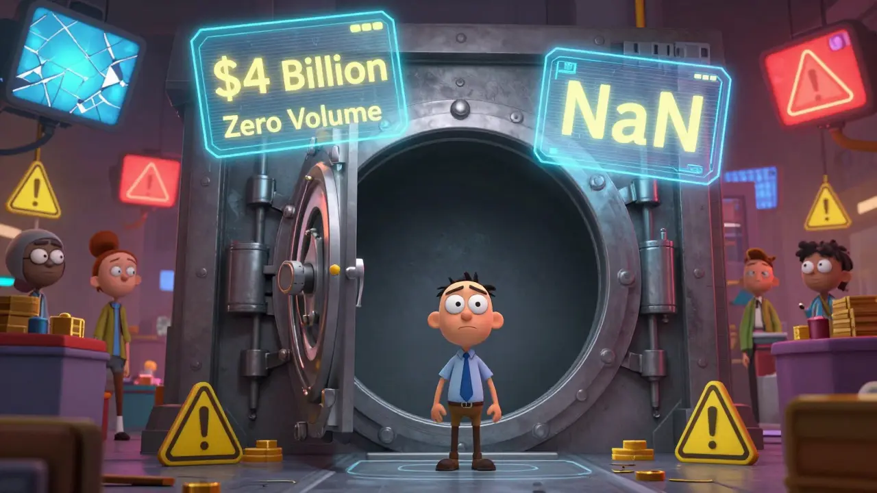 Confused investor facing empty vault with conflicting market cap data signs