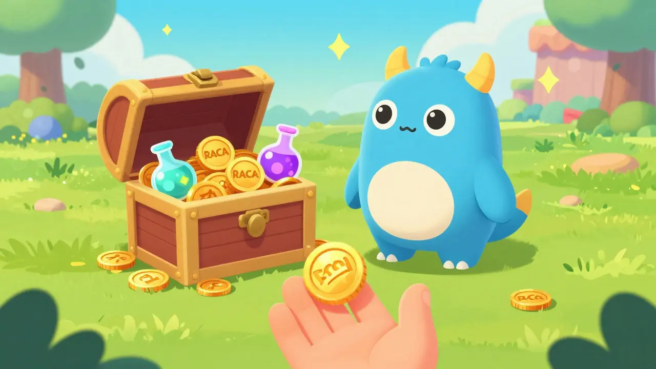 Cute monster character with RACA tokens and potions