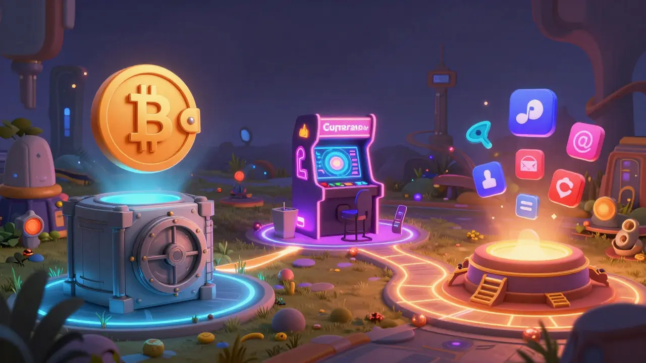 Digital landscape showing integrated wallet, gaming, and social hubs