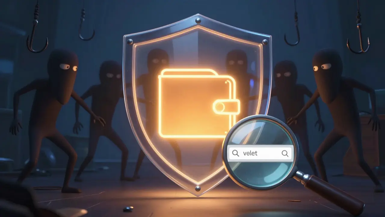 Digital shield protecting wallet from phishing scams