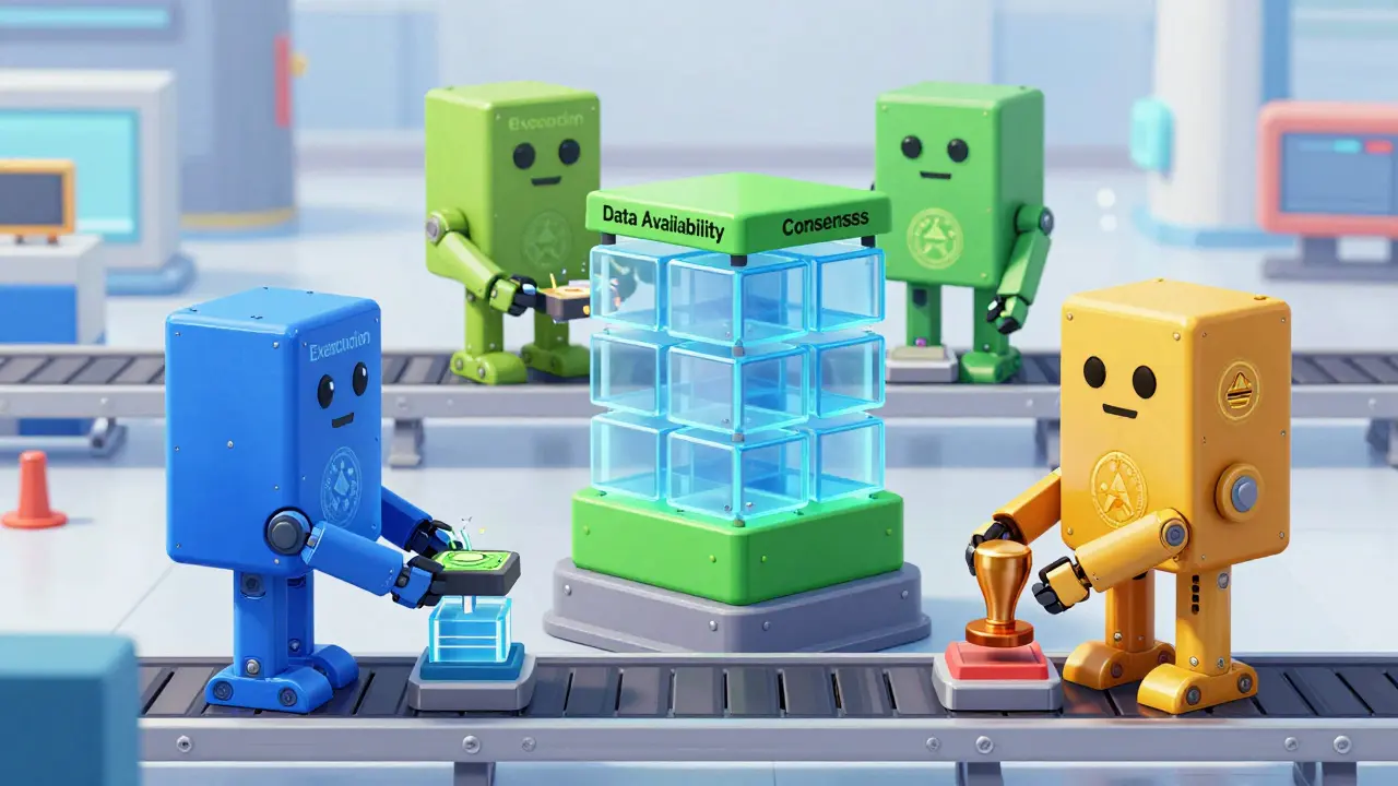 Efficient modular blockchain assembly line with specialized robotic stations.