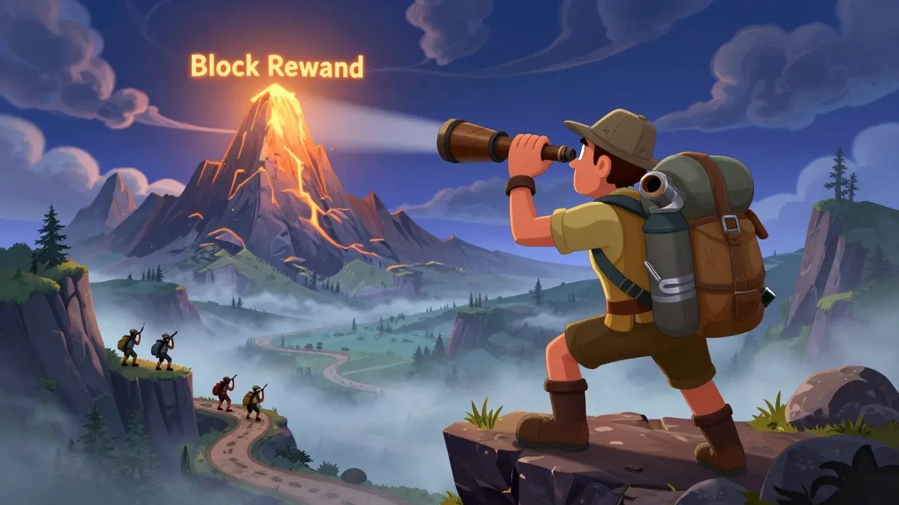 Explorer miner looking at distant block reward across a risky landscape.