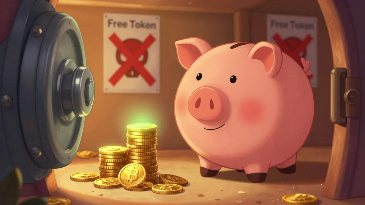 Friendly piggy bank saving coins with scam warnings in background