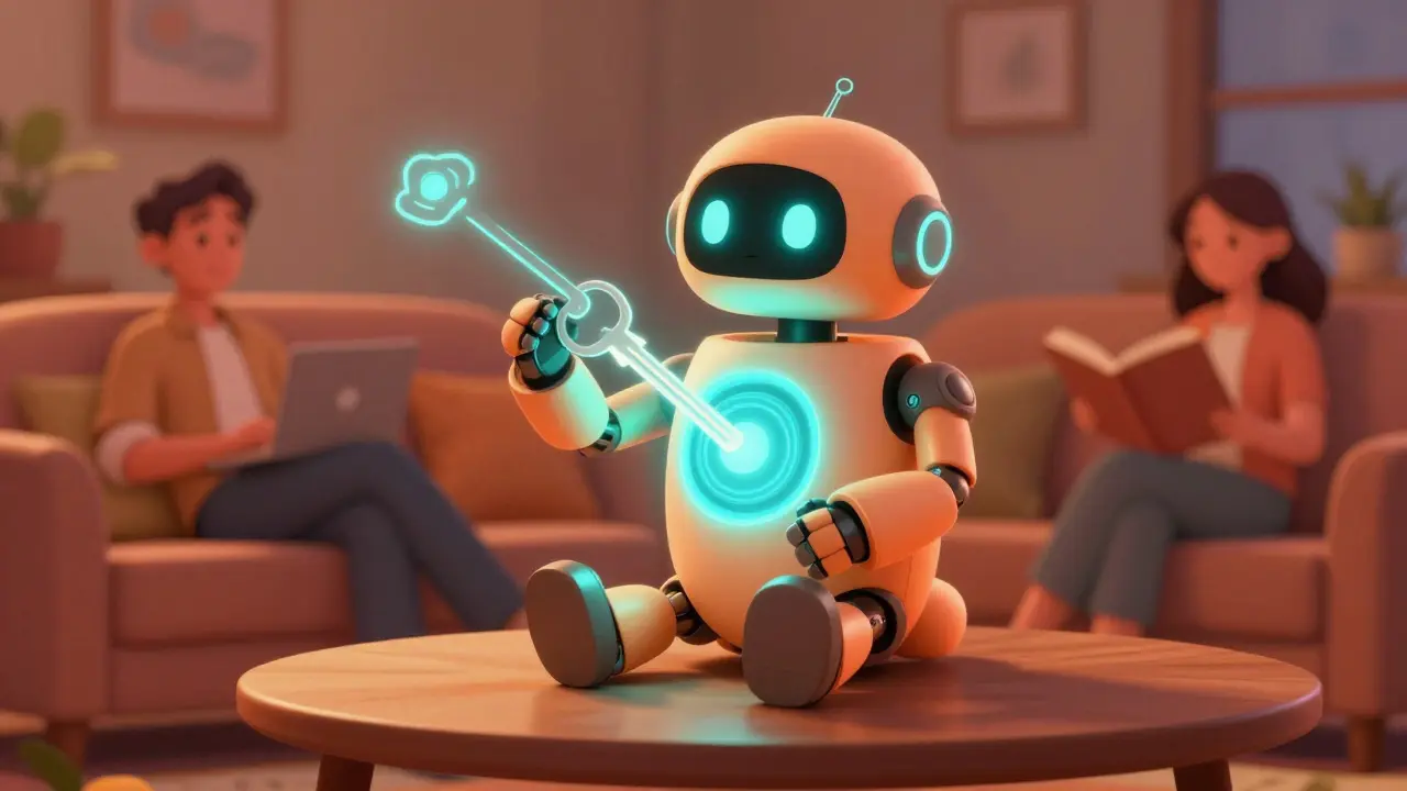 Friendly robot guardian sharing holographic keys in a cozy living room