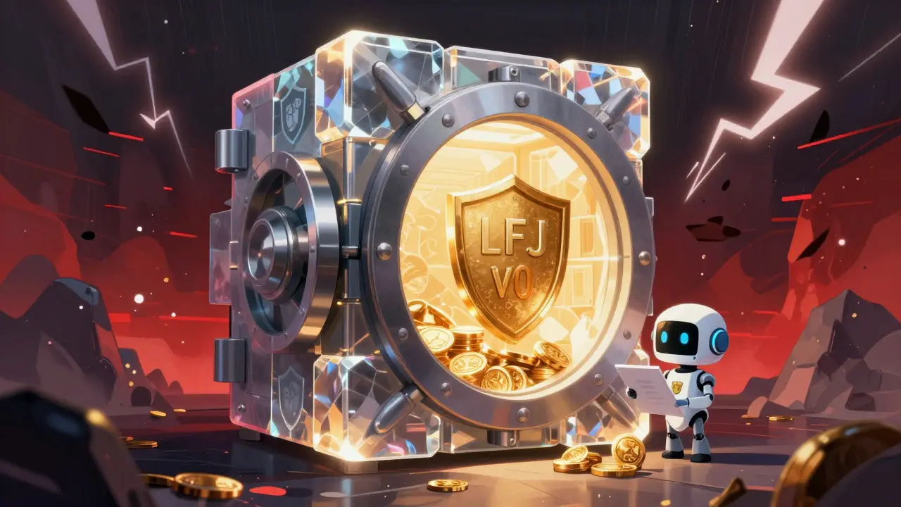 Glowing crystal vault protecting crypto assets from storms