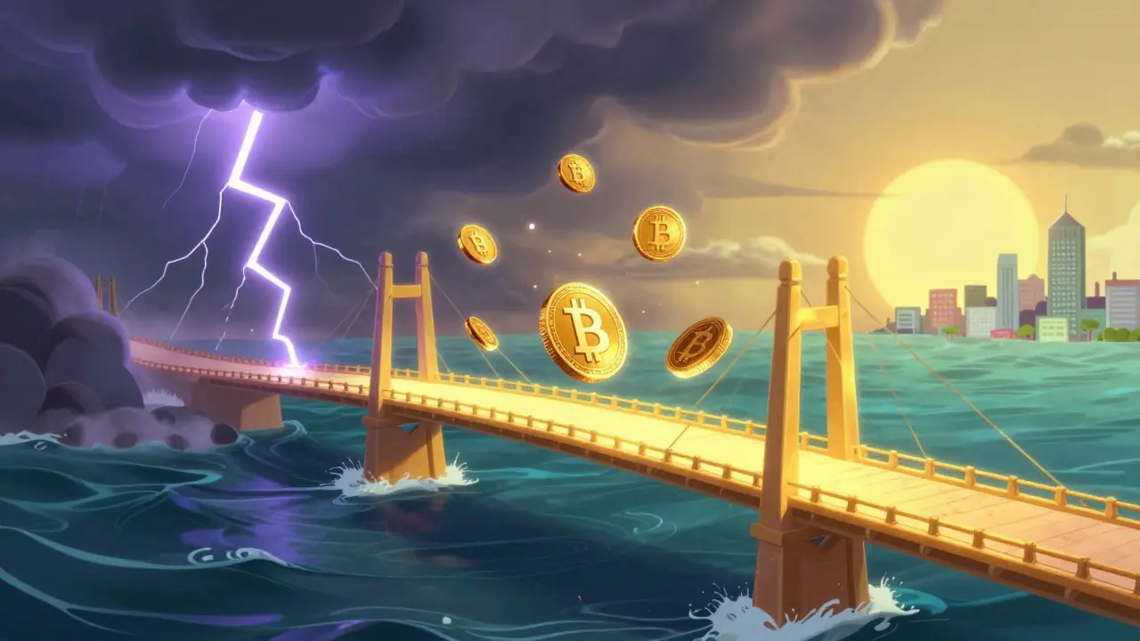 Golden bridge connecting volatile crypto chaos to stable fiat currency