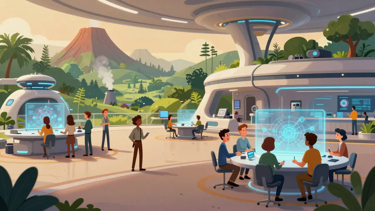 Illustration of a sustainable tech hub with developers working on blockchain projects