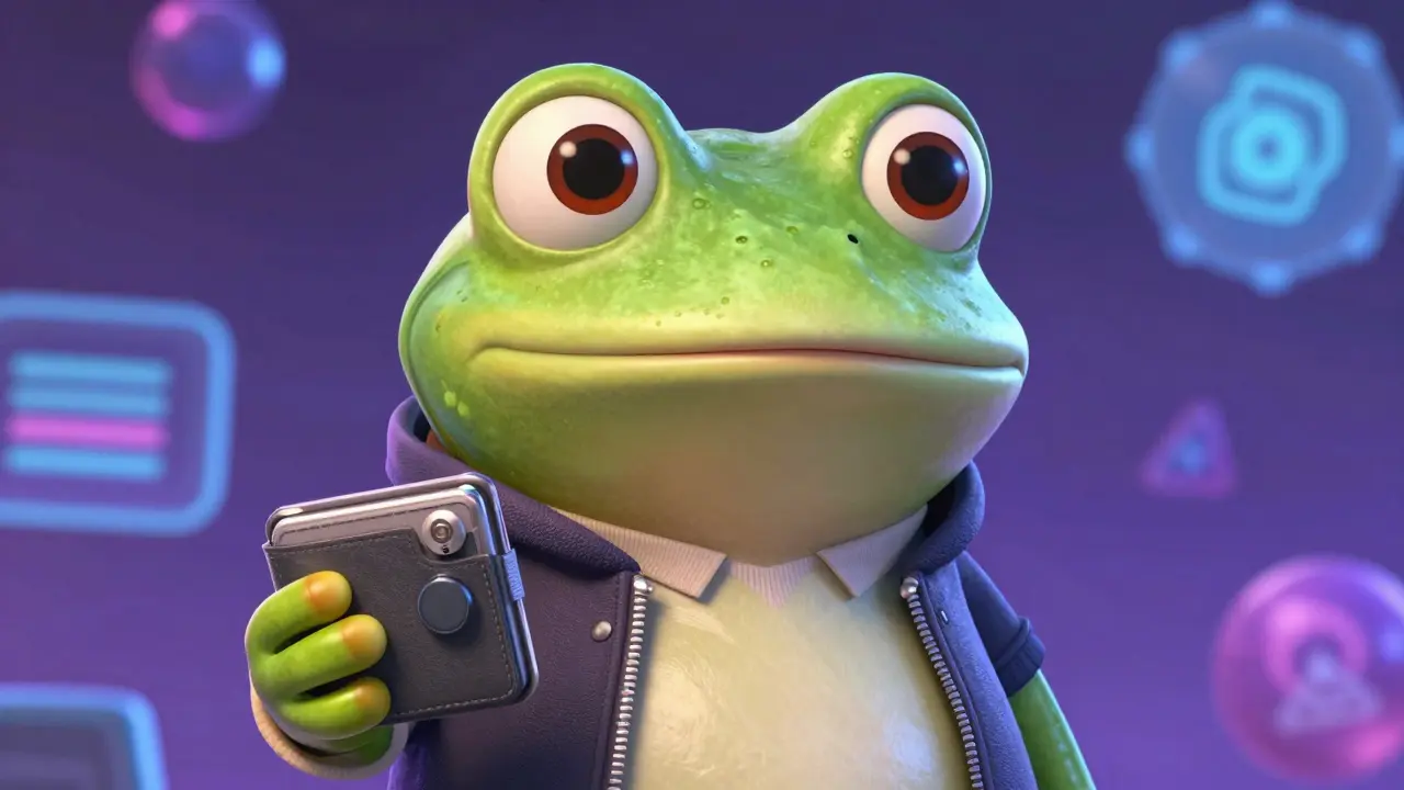 Portrait of Marv the frog with a crypto wallet in DreamWorks style