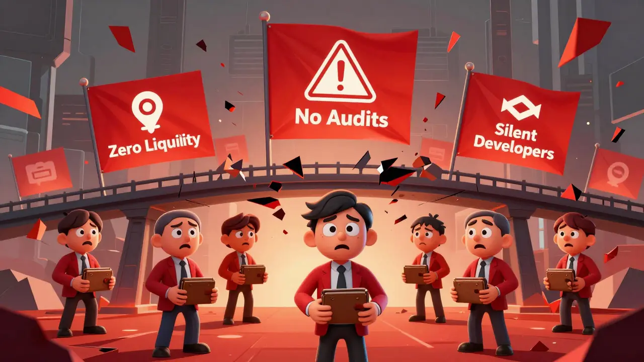 Red warning flags rising from a crumbling blockchain structure