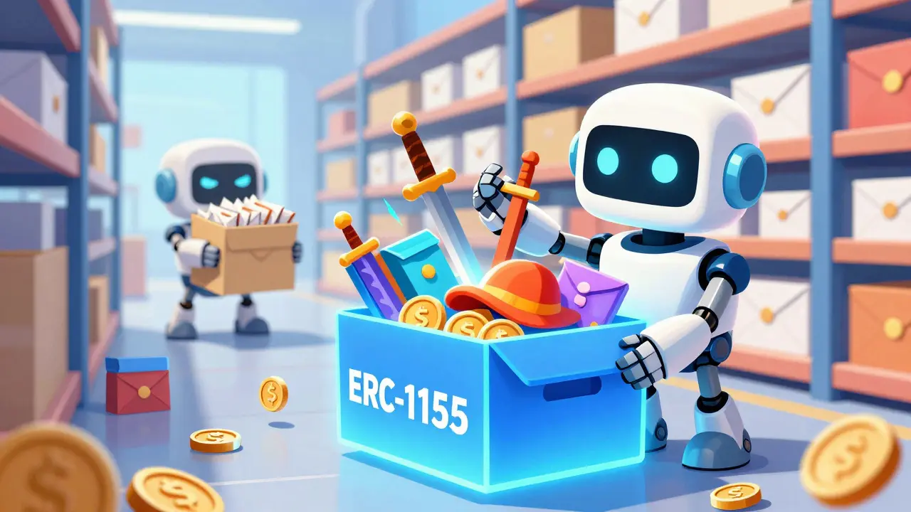 Robot packing multiple digital items into one efficient box for NFTs