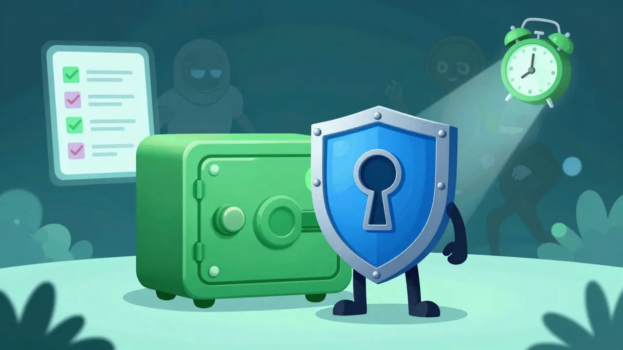 Shield character protecting a digital wallet from scams