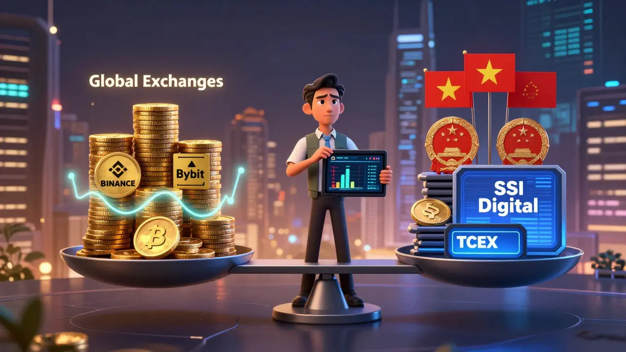 Trader balancing global and local crypto exchanges in a futuristic Vietnamese financial hub.