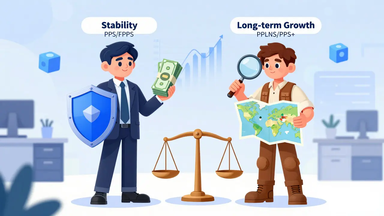 Two characters comparing stability vs growth strategies in a stylized office.