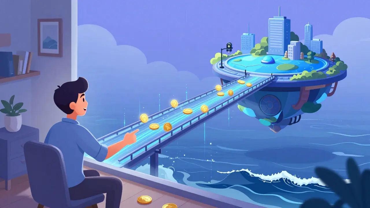 User connecting to offshore crypto platform via digital bridge over water
