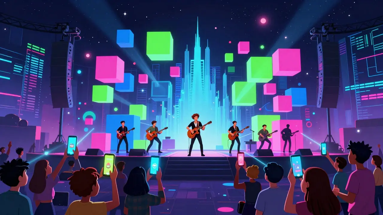 Virtual concert with fans supporting artists via digital tokens