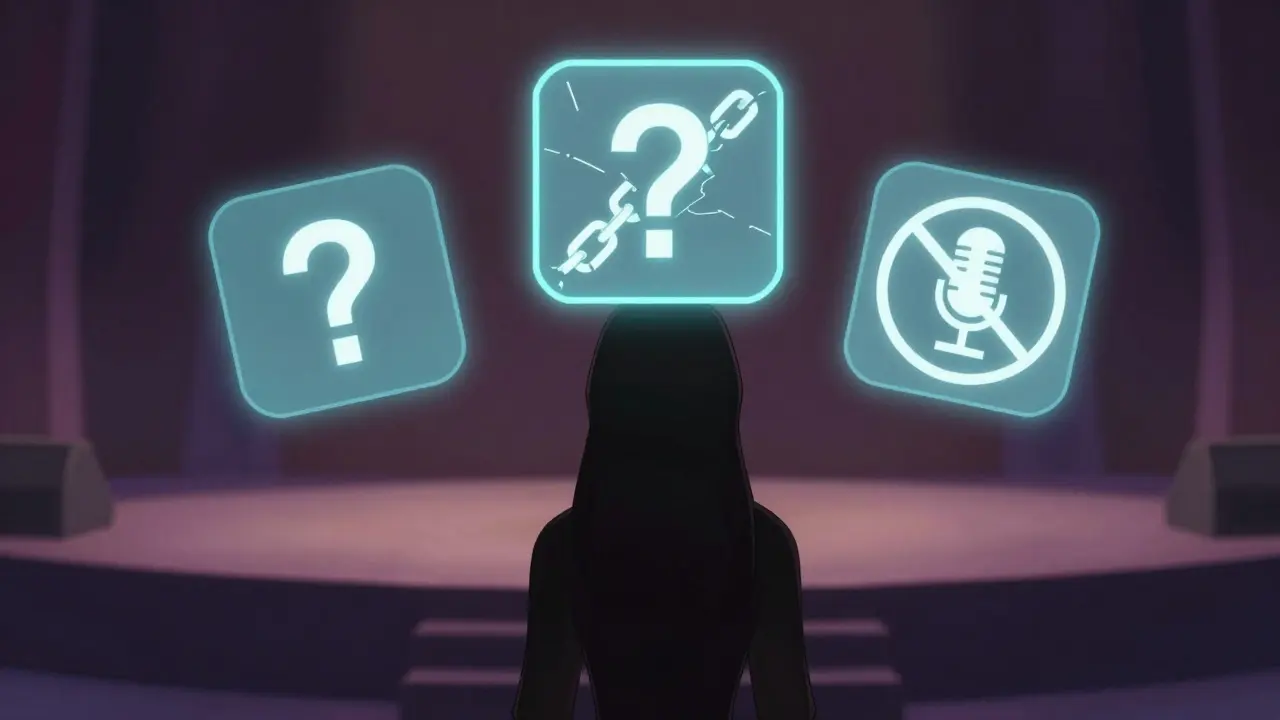 Warning icons hovering over a shadowy figure against a political backdrop
