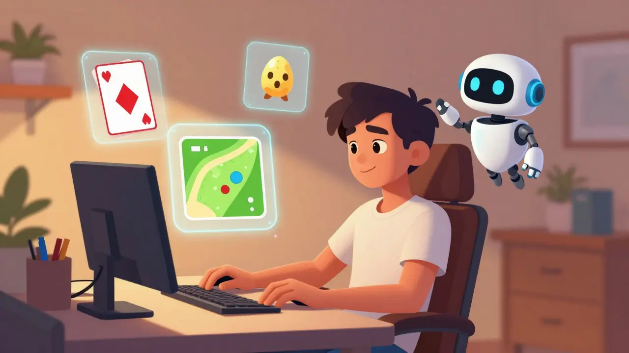 A happy gamer surrounded by floating game icons and a helper robot